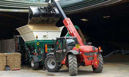 Tractor loading wheat into crimpng machine